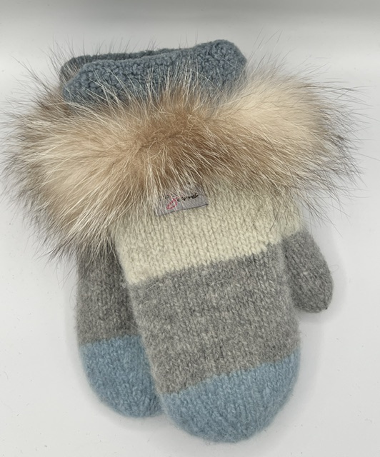 Mittens with cream, grey and blue fur